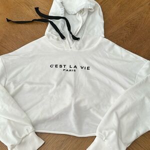 White “C’est La Vie Paris” Cropped Sweatshirt Hoodie Preowned